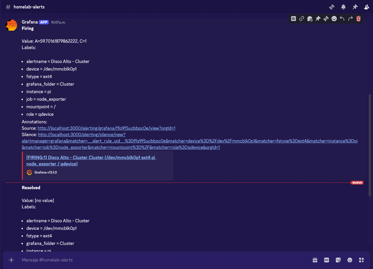 Discord showing a Grafana alert firing for Disco Alto - Cluster on the Pi's /dev/mmcblk0p1, then resolving